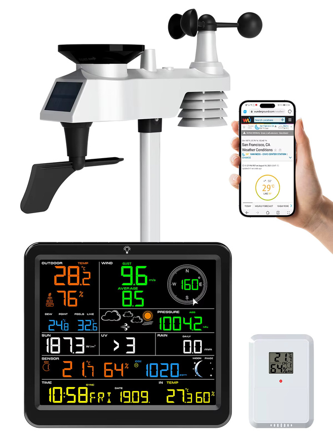 Solarbetriebene WiFi-Wetterstation von Urageuxy als 14-in-1 Wireless-Wettermonitor mit Echtzeit-CO2-Erkennung für Heim und Bauernhof - Bild 7