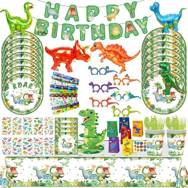 Dinosaurier Geburtstag Dekoration Set aus Papier mit Tellern Servietten Bechern und Luftballons in Mehrfarbig - Bild 1
