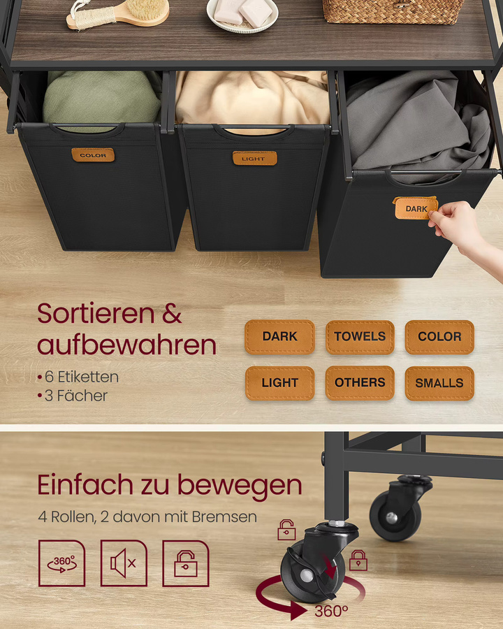 VASAGLE Wäschekorb mit 3 Fächern und Ablage, Rollbarer Wäschesammler und Wäschesortierer, schwarz-braun, 150 l - Bild 4