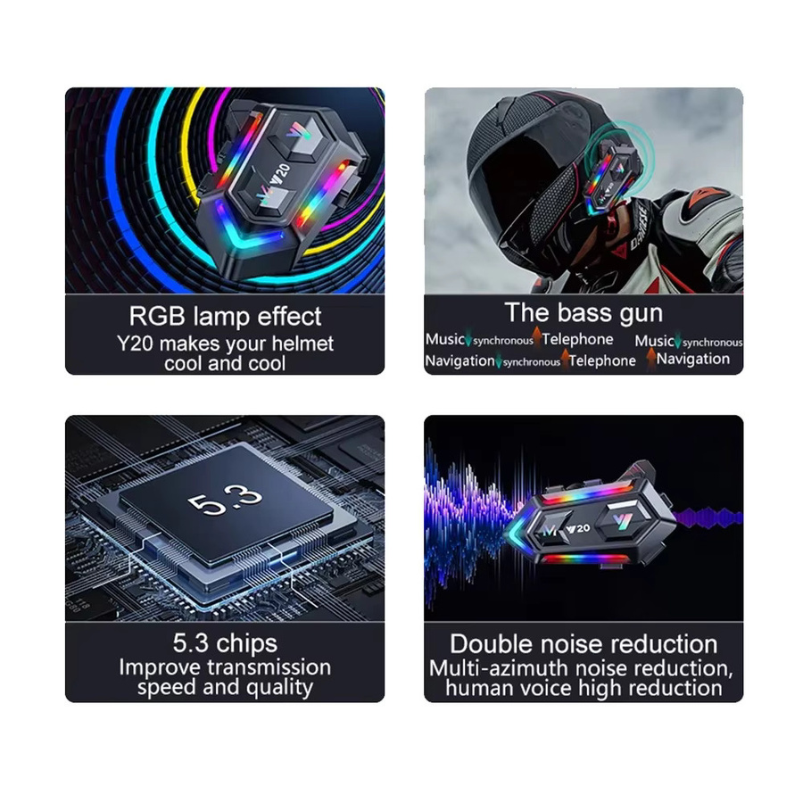 kebidumei Y20 Bluetooth-Motorradhelm-Headset in Schwarz mit RGB-Beleuchtung, Geräuschunterdrückung und 1000 mAh Akku - Bild 2