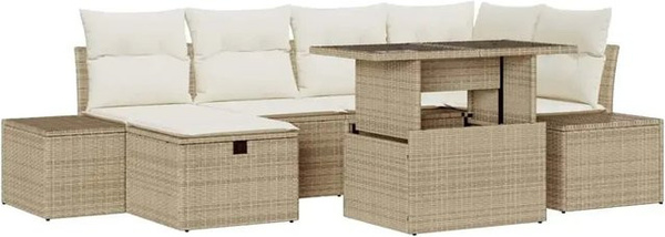 vidaXL Garten-Sofa-Set aus Poly-Rattan in Beige, 7-teilig und höhenverstellbar