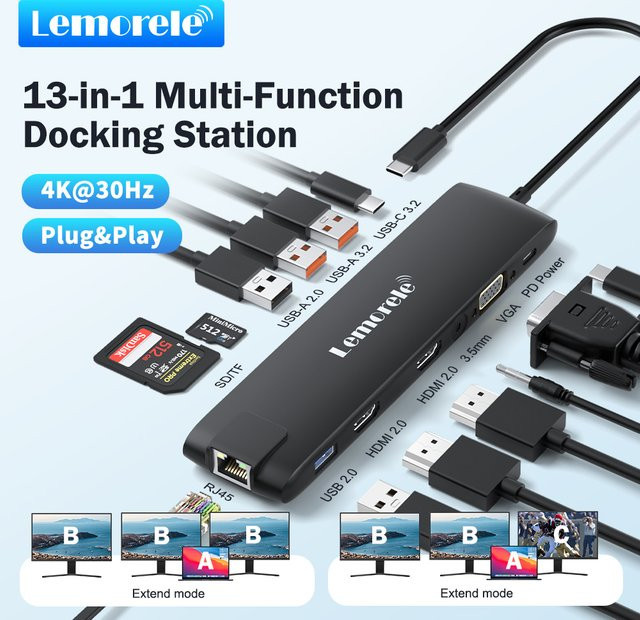 Lemorele 4K USB-C Dockingstation mit Dual HDMI, VGA, Gigabit Ethernet und SD-Kartenleser für Windows und MacBook Air - Bild 1