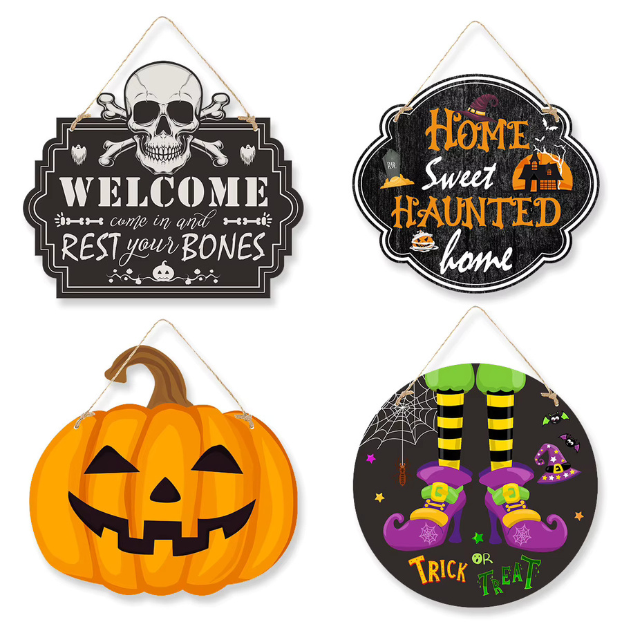 Dekorative Halloween Spukhaus-Hängeverzierung im rustikalen Holzstil mit Kürbis- und Totenkopf-Design - Bild 2