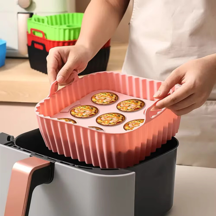 2-teiliges quadratisches Silikon-Set für Heißluftfritteusen, lebensmittelechtes Zubehör zum Backen und für Muffin-Formen, Schwarz - Bild 3
