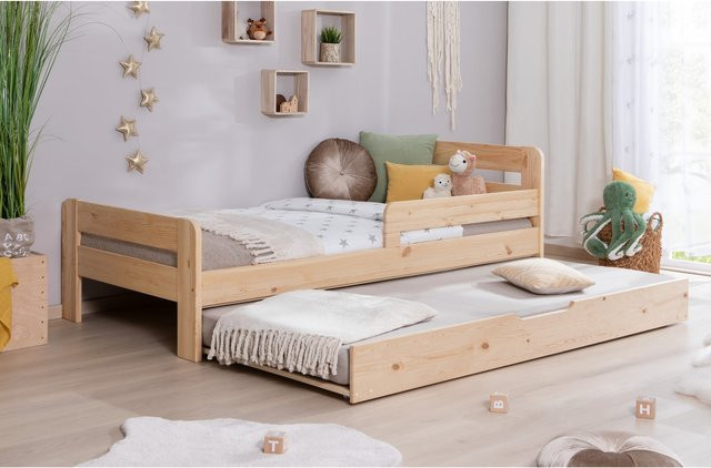 TiCAA Kinderbett Bennet aus Kiefer Massivholz mit Zusatzbett, Rausfallschutz und Lattenrost, Farbe Braun, B/T/H: 90 x 200 cm bis 120 x 200 cm - Bild 1