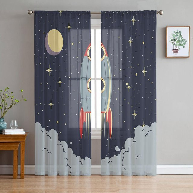 Transparente Weltraum Raumschiff Rakete Vorhänge aus Tüll und Organza für Wohnzimmer und Küche, Farbe: Transparent/Blau, Breite: 135 cm, Höhe: 185 cm - Bild 1