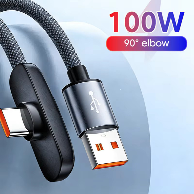 USB-A auf USB-C Datenkabel mit 100W PD Schnellladefunktion, 90-Grad-Winkel, geflochtenes Design und Aluminiumgehäuse in Schwarz - Bild 2