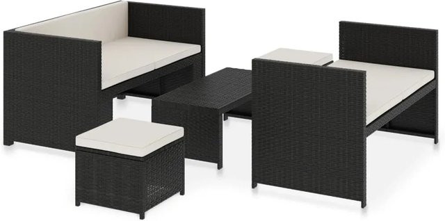vidaXL 5-tlg Garten-Lounge-Set aus Poly Rattan in Schwarz mit Auflagen und Polstern, modernes L-Shape Set mit Sofa, Couchtisch und Ottoman - Bild 1