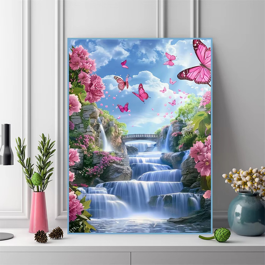 Momoart Diamant Mosaik DIY Set Wasserfall Landschaft und Blumen als runde Stickerei in Multicolour, B/T/H: 30,0 x 20,0 x 20,0 cm - Bild 3