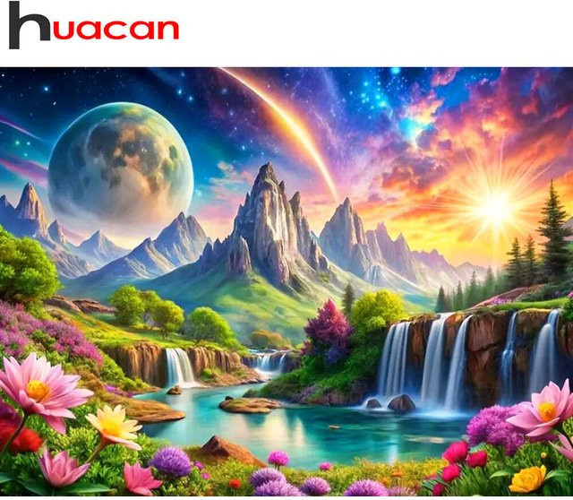 Huacan DIY Diamantgemälde Wasserfall Landschaft als rundes Mosaik in Multicolour, Durchmesser: 30 cm - Bild 1