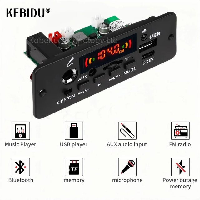 Kebidumei 10W Bluetooth 5.0 MP3 Decoder Board mit USB, FM und Mikrofon Freisprecheinrichtung in Schwarz - Bild 1