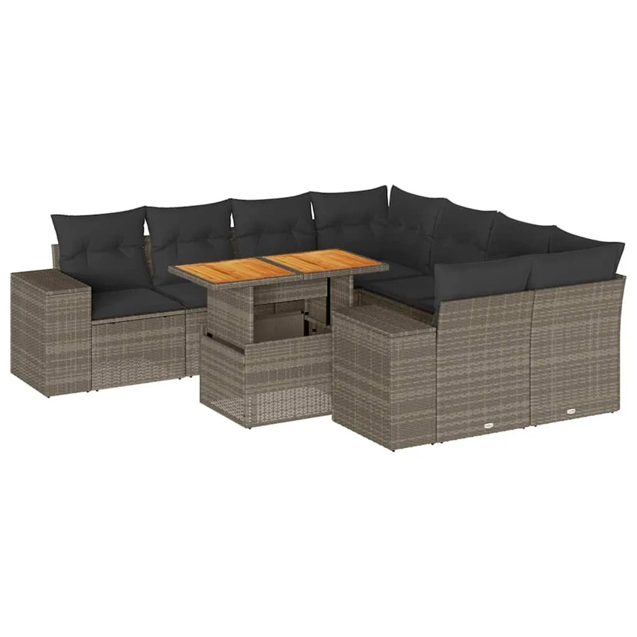 vidaXL 9-teilige Garten-Sofagarnitur aus Poly-Rattan und Akazienholz in Grau mit Kissen - Bild 2
