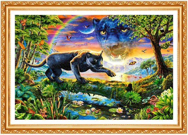 FIYO 5D-Diamant-Kreuzstich-Stickerei Regenbogen Schwarzer Panther, Vollrund-Diamantgemälde in Multicolor, B/H: 20 x 30 cm - Bild 1