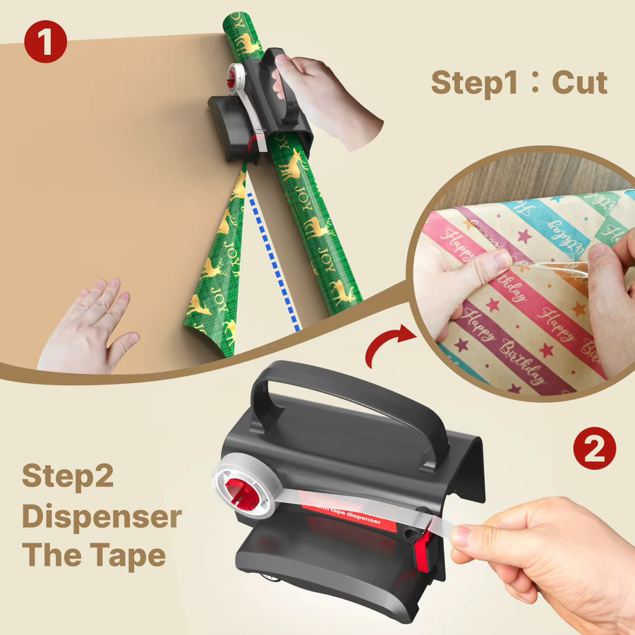 Dual-Use Geschenkpapier-Schneider und Klebebandabroller mit verschiebbarer Papierrollenhalterung aus Kunststoff - Bild 4