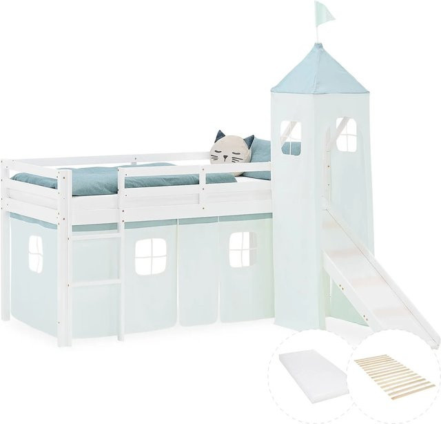 Homestyle4u Kinder Hochbett aus Kiefernholz mit Rutsche und Treppe in Grün, B/T/H: 200 x 90 x 175,5 cm - Bild 1