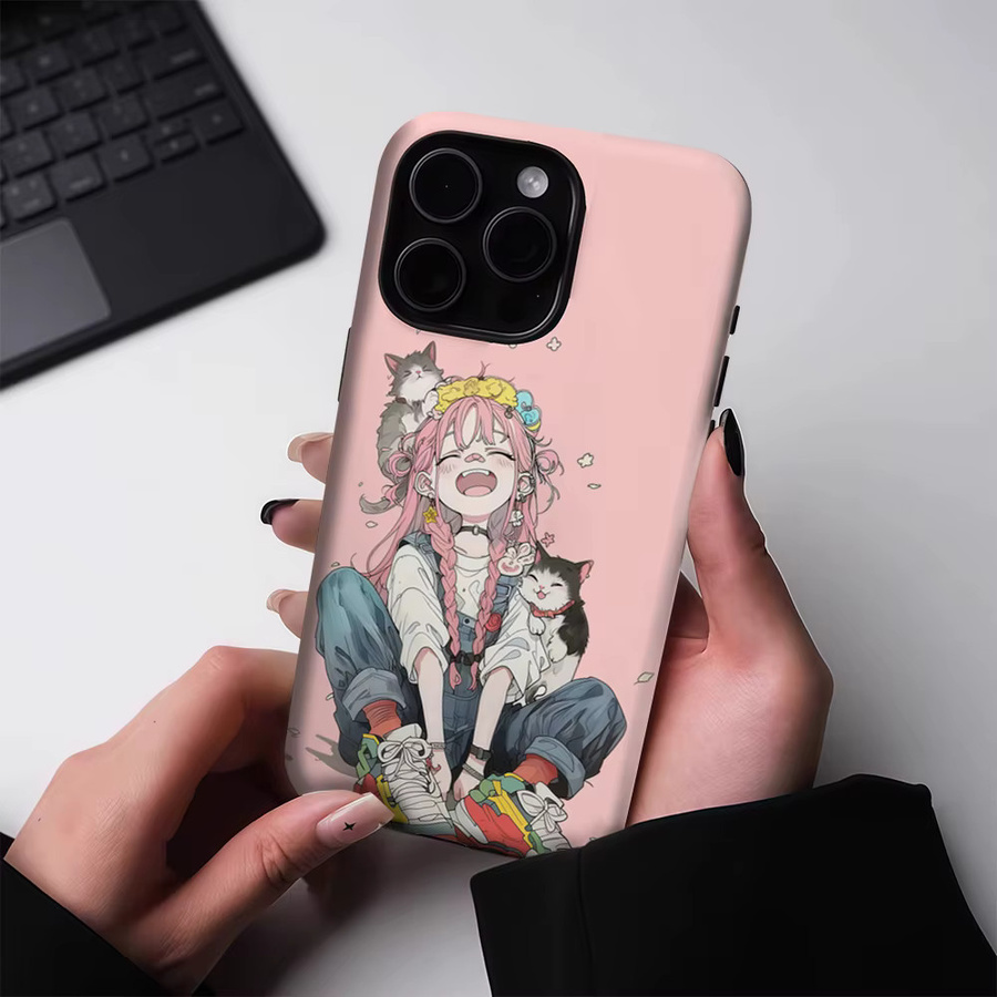 Potdemiel Handyhülle mit Rosahaarigem Mädchen & Katze für iPhone 17 16 15 14 13 Pro Max Plus, Magnetische Robuste Einzel- und Doppelschicht Hülle, Pink - Bild 3