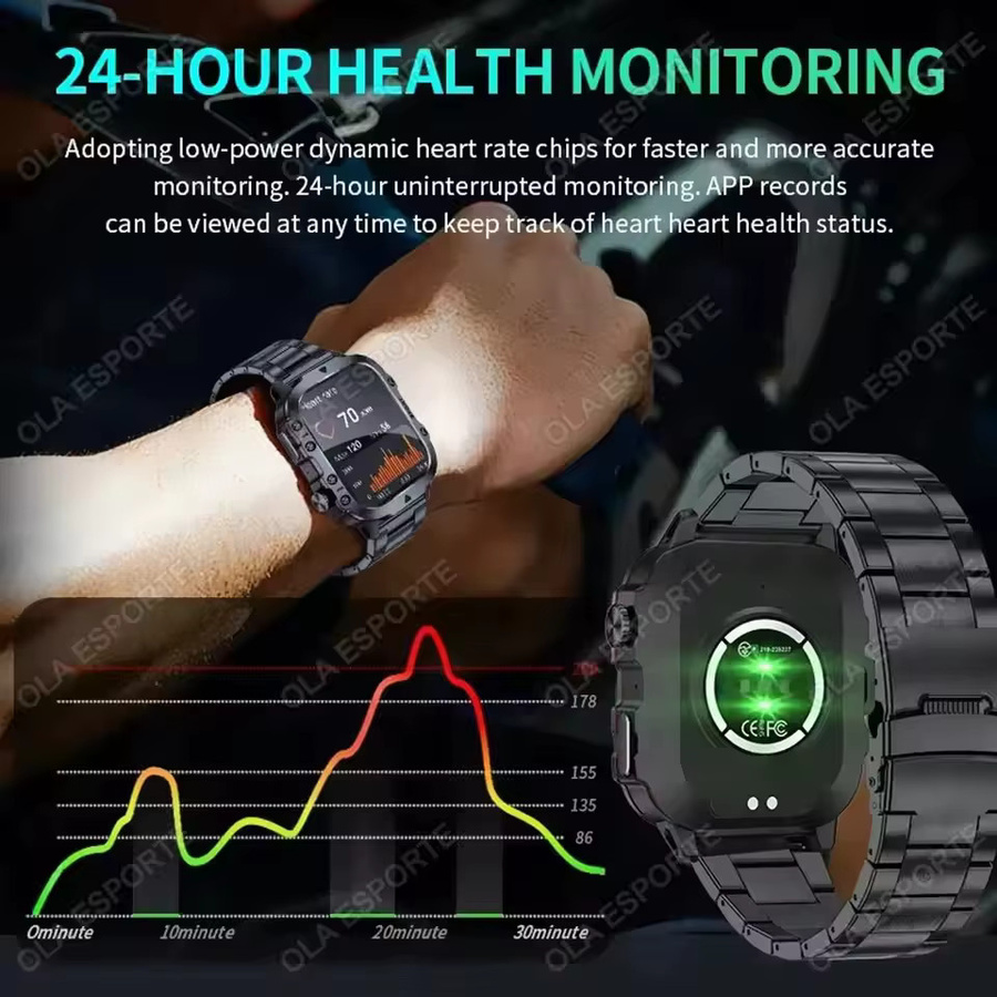 Ola Esporte Militär-Smartwatch für Herren in Schwarz mit 2,01 Zoll HD-Touchscreen, Bluetooth-Anruffunktion und LED-Taschenlampe - Bild 4
