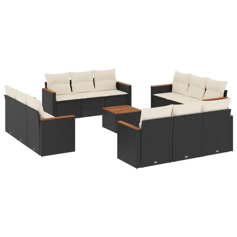 vidaXL 13-tlg. Garten-Sofagarnitur in U-Form aus Polyrattan und Akazienholz mit Kissen, Schwarz - Bild 2