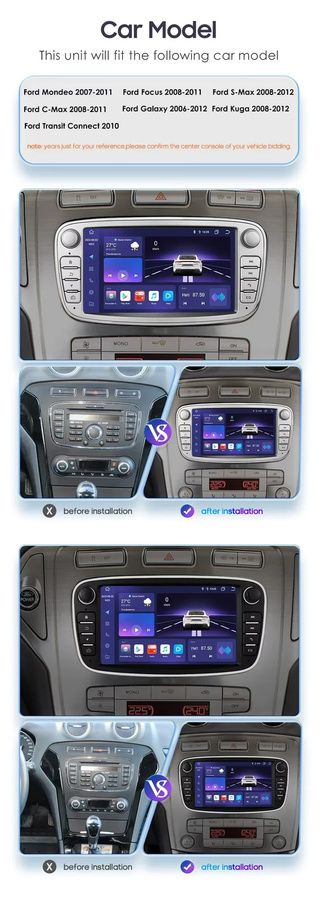 OSSURET Multimedia Autoradio mit Carplay und Android Auto sowie GPS für Ford Focus, S-Max, Mondeo und Galaxy, Schwarz - Bild 2