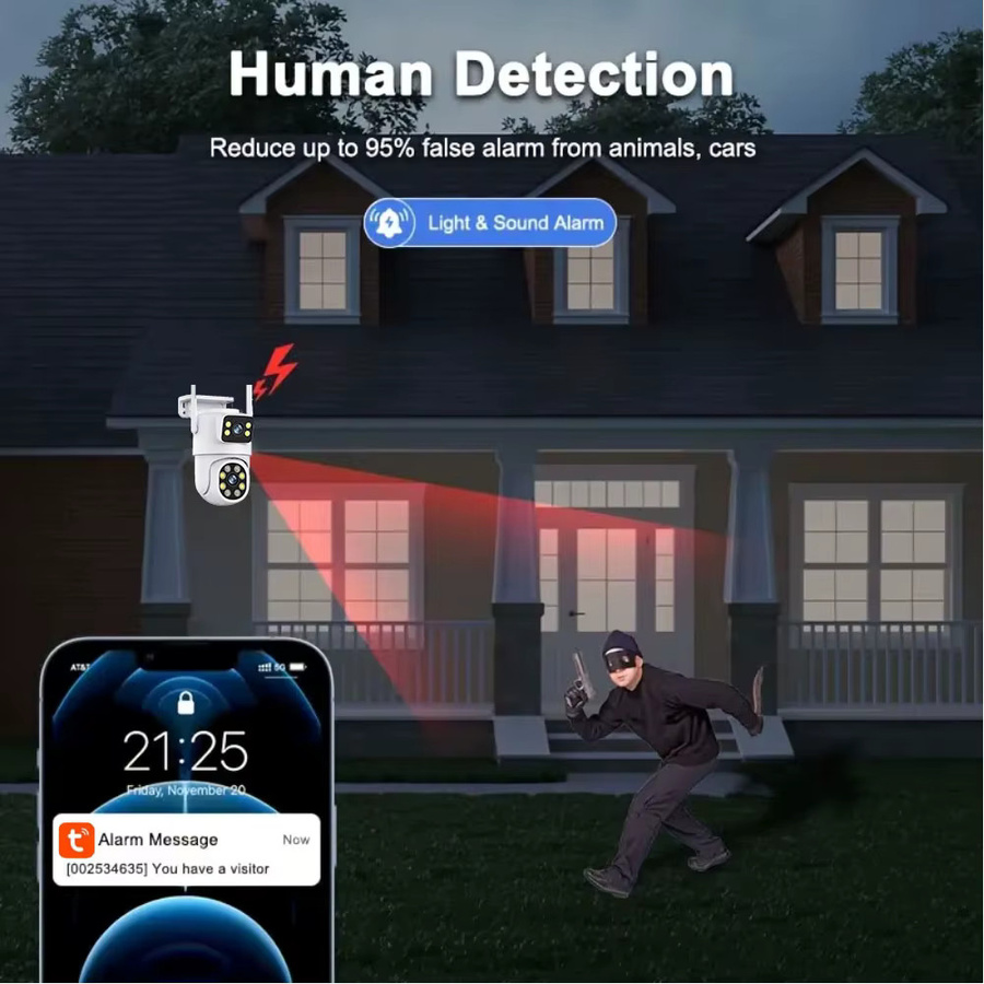 Tuya 4K 8MP Dual Objektiv WIFI PTZ Outdoor Überwachungskamera mit Dual Screen, AI Human Auto Tracking und Sprachsteuerung für Alexa und Google, Weiß - Bild 5
