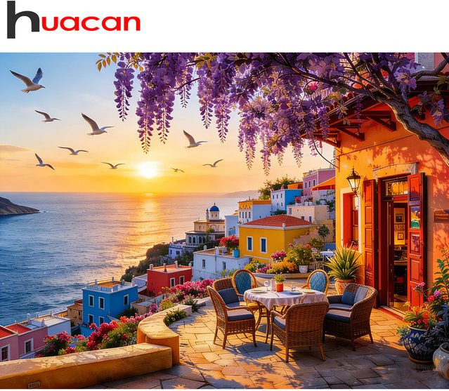 Huacan Rundes Diamantgemälde Landschaft Sonnenuntergang am Mittelmeer, Dekorative Diamantmosaik Wandkunst, B/H: 30 x 30 cm - Bild 1
