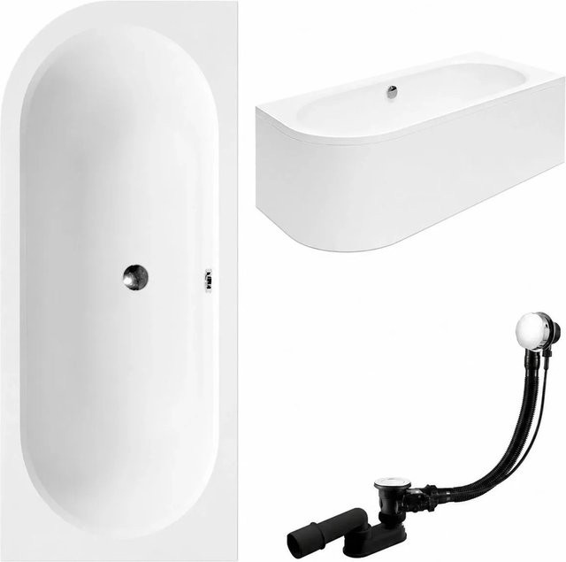 KOLMAN Eckbadewanne KODI rechts in Weiß mit Acrylschürze, Bambus-Badewannenablage und Kopfstütze, inklusive Ablauf und Füßen, B/T: 180 x 80 cm - Bild 1