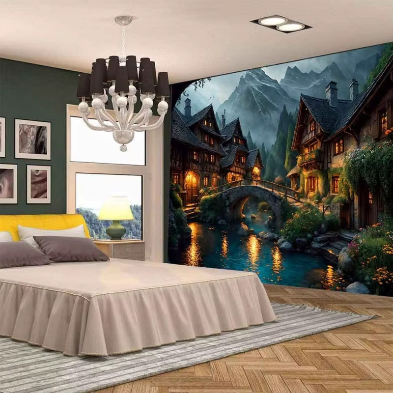 VIKAMA Wandteppich mit Fluss- und Cottage-Illustrationen in Mehrfarben als künstlerische Wanddekoration für dein Wohnzimmer oder Schlafzimmer - Bild 2
