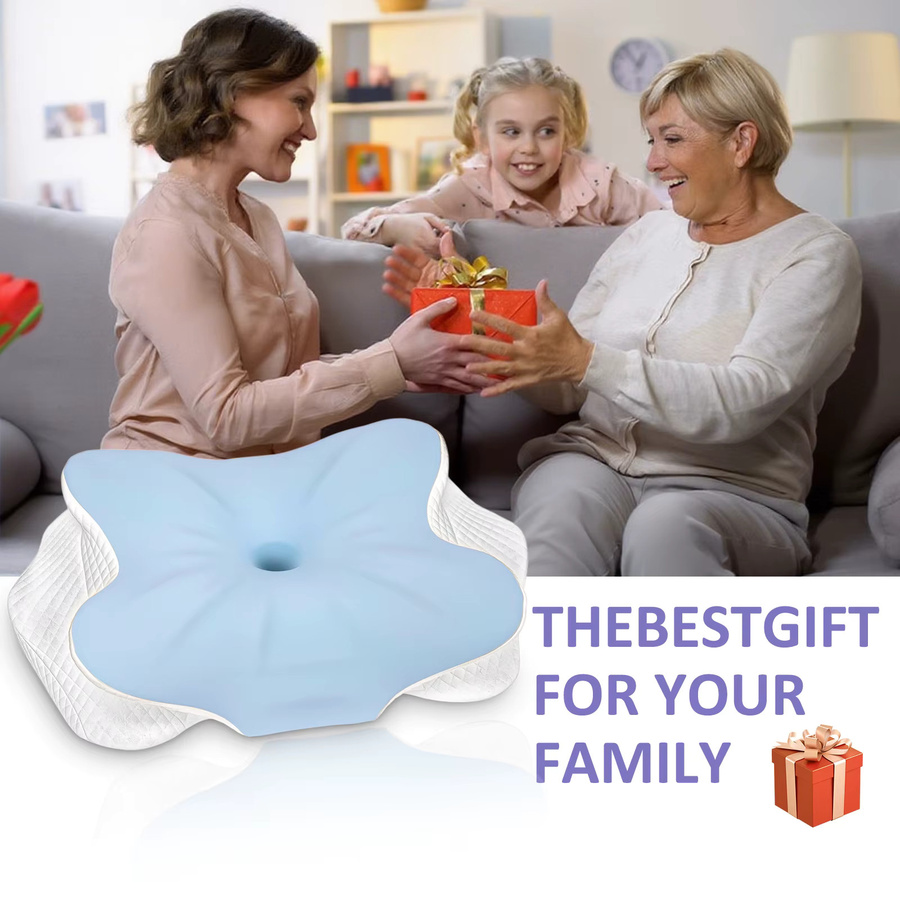 HGTUGO Ergonomisches Nackenkissen aus Memory-Schaum mit Eisseiden-Bezug in Blau zur Unterstützung von Nacken und Schultern für Rücken- und Seitenschläfer - Bild 3
