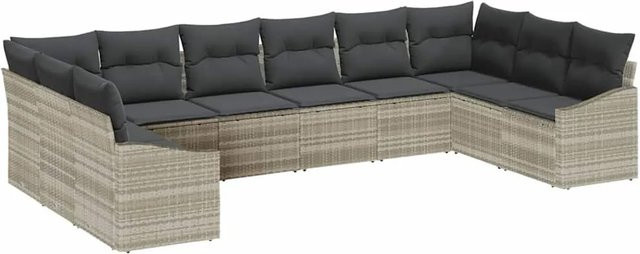 vidaXL Garten-Sofa-Set 10-teilig aus Poly-Rattan in Hellgrau mit Polstern und L-Form - Bild 1