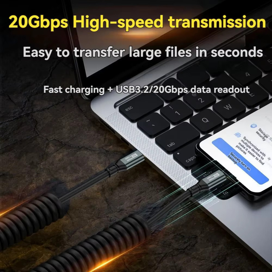 BSN USB-C zu USB-C Spiralkabel in Schwarz mit 20Gbps Datenübertragung, 8K@60Hz Display und 100W Schnellladefunktion - Bild 4