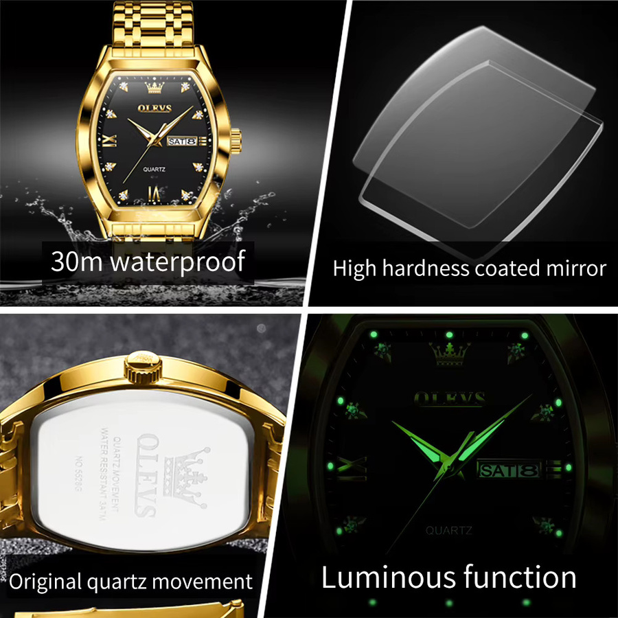 OLEVS Armbanduhr Quarz, Edelstahl, Gold, Diamant, Tonneau, Herren - Bild 5