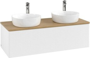 V&B Waschtischunterschrank Antao mit Frontstruktur und Beleuchtung, Farbe: Weiß und Eiche Honig, B/T/H: 120 x 50 x 36 cm - Bild 1