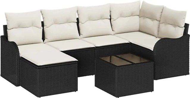 7-teiliges vidaXL Garten-Sofa-Set aus Poly-Rattan und Stahl in Schwarz-Weiß mit Kissen und Tisch - Bild 1