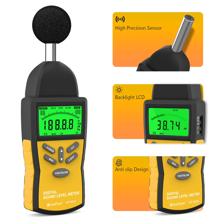 HoldPeak 882A Digitales Schallpegelmessgerät in Gelb mit 30-130dB Dezibel-Tester, A/C-Bewertung, FAST/SLOW, MAX Hold und Hintergrundbeleuchtung - Bild 1