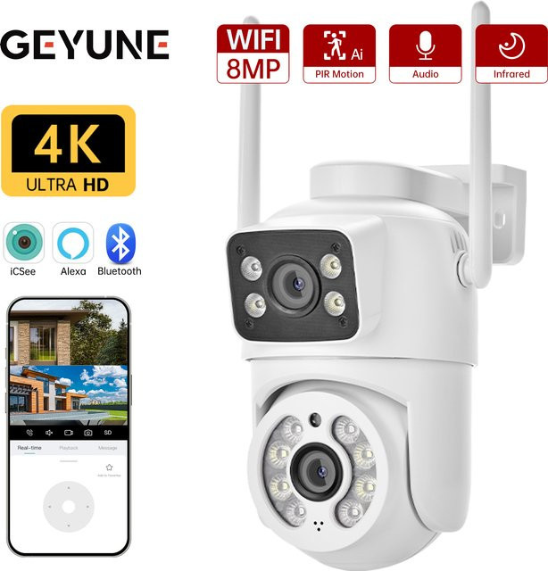 GEYUNE 8MP 4K PTZ Wifi Kamera mit Dual Objektiv und Dual Screen, Farbe: Weiß, Ai Menschliche Erkennung und Auto Tracking für Outdoor Überwachung und Sicherheit - Bild 1