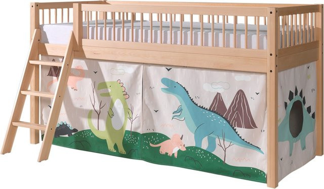 FAGUS halbhohes Kinderbett aus Buche massiv natur mit Textilset Dino und Lattenrost, B/T/H: 90 x 200 cm, braun/mehrfarbig - Bild 1