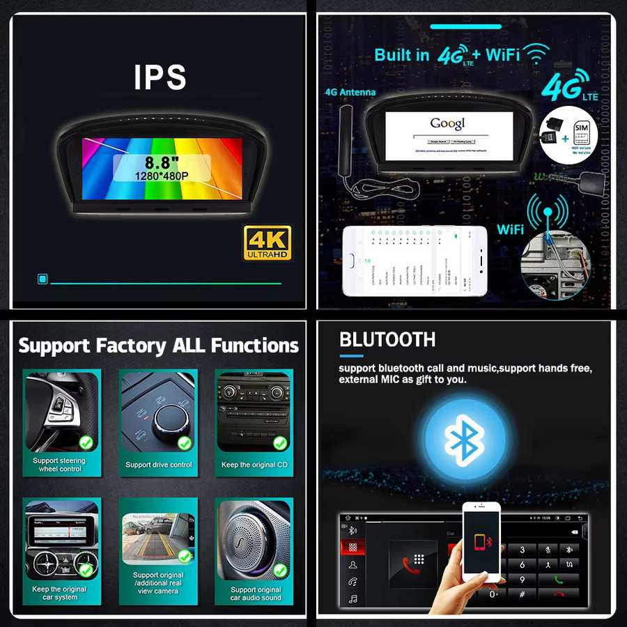 Wondefoo Android 15 Autoradio für BMW E60 E61 E63 E64 E90 E91 3/5 Serie mit 12GB RAM, 256GB Speicher, Snapdragon 8-Kern Prozessor, Bluetooth, GPS, 4G LTE und Wireless Carplay/Android Auto in Schwarz - Bild 4