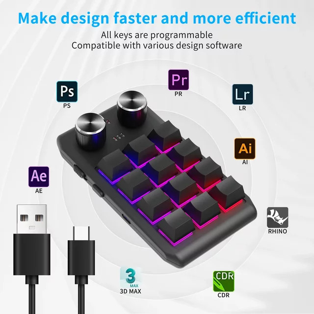 Ammtoo Bluetooth Makro-Tastatur mit 12 Tasten und 2 Knöpfen, mechanische Gaming-Tastatur in Schwarz mit Hot-Swap-Funktion und USB-Programmierung für Photoshop und Spielkonsolen - Bild 1