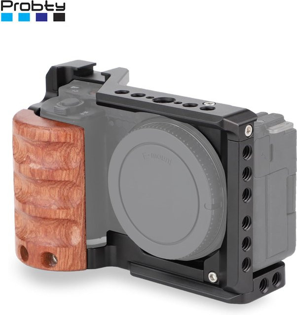 Probty Kamera-Käfig mit Holzgriff für Sony ZV-E10 in Schwarz mit Kaltschuh und Schnellwechselplatte - Bild 1