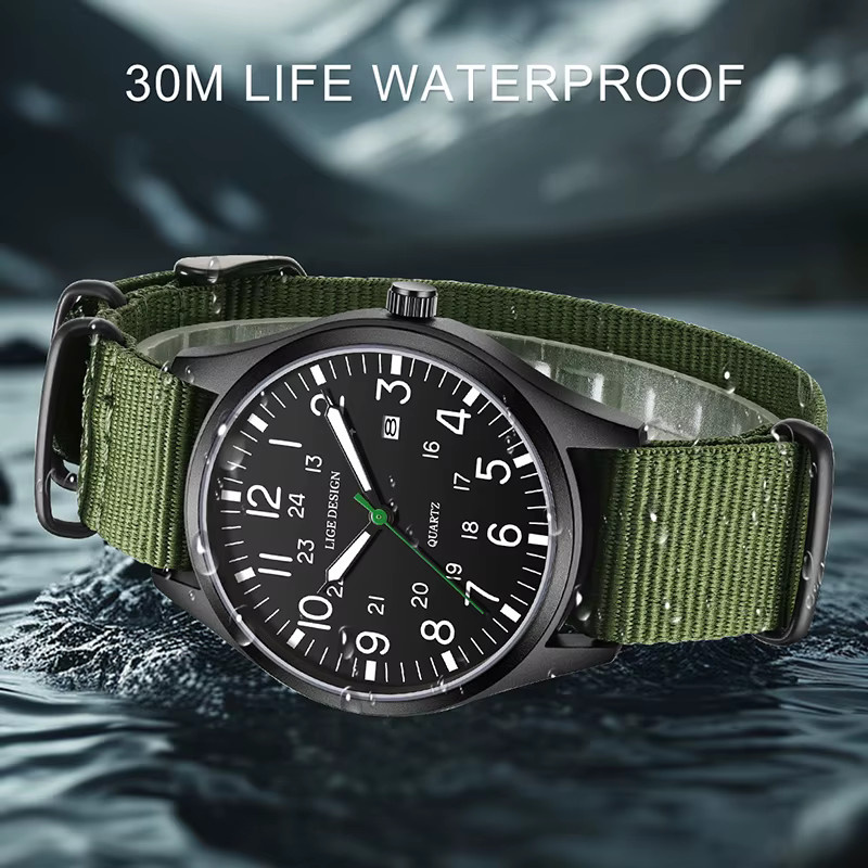 LIGE Armbanduhr Quarz, Textil/NATO, Schwarz, Herren, Datum, Leuchtzeiger - Bild 2