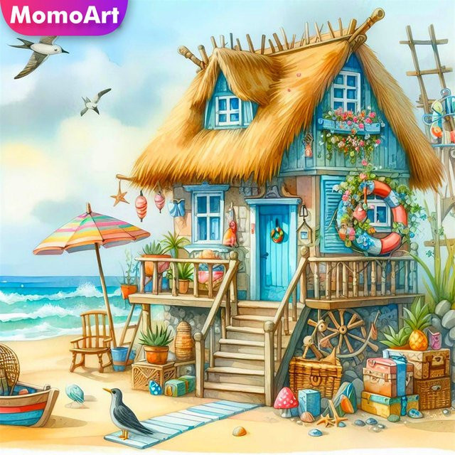 Momoart 5D DIY Diamant-Mosaik Landschafts-Strass-Bild Strandhaus mit Tauben, Multicolor, B/H: 20 x 20 cm - Bild 1
