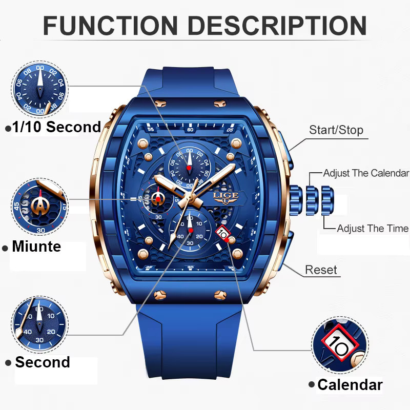 LIGE Chronograph Armbanduhr, Blau, Silikon, Eckig, Quarz, Herren - Bild 3