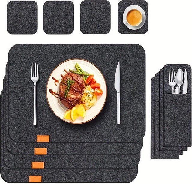 Binchi Outdoor Equipment Tischset Set aus Filz in Schwarz, bestehend aus 4 Tischsets, 4 Untersetzern und 4 Messer- und Gabeltaschen, B/T/H: 45 x 30 cm - Bild 1