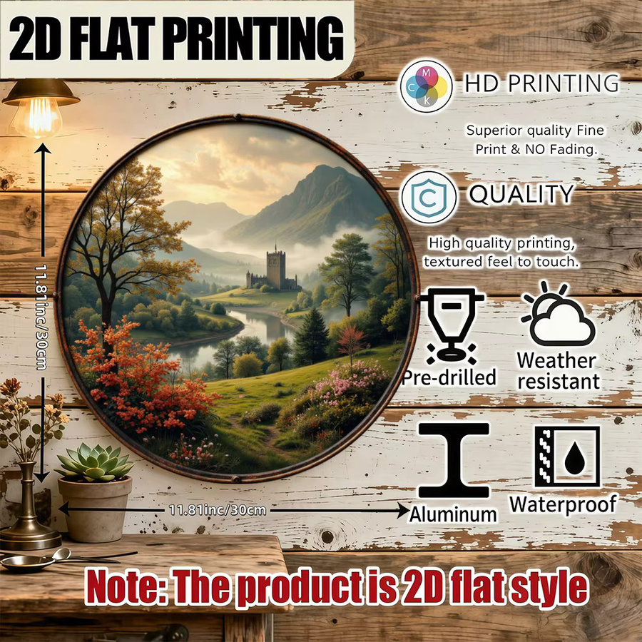 CIFBUY Vintage Schloss-Landschaft Wandkunst aus Holz, rundes Wandschild in Multicolour, Durchmesser: 20 cm - Bild 2