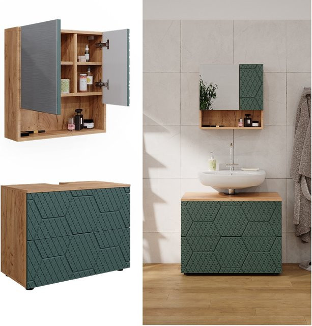 Vicco Badmöbel-Set Irma 2-teilig in Eiche Grün mit Spiegelschrank und Waschbeckenschrank 80 cm - Bild 1