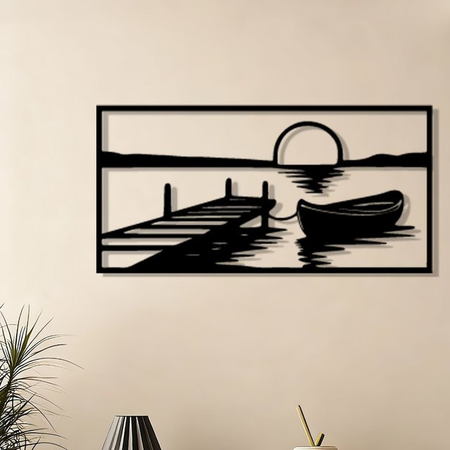 CIFBUY Lake Sunset Metall-Wandkunst in Schwarz – Wetterfeste maritime Gartendekoration mit nautischem Landschaftsmotiv - Bild 1