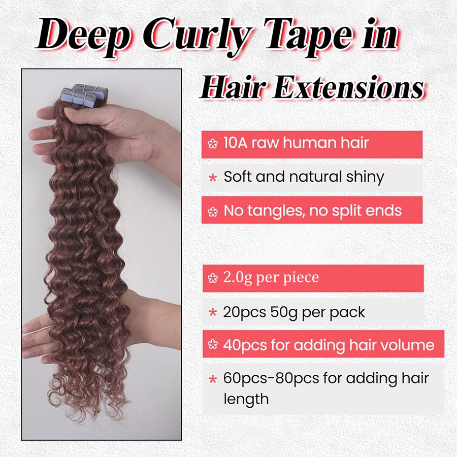 GAEINO Deep Wave Tape Haarverlängerung, 100 % Echthaar, braun, Damen - Bild 2
