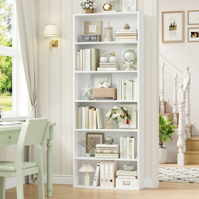 Getone Bücherregal mit 6 Fächern für Wohnzimmer und Arbeitszimmer, B/T/H: 60 x 23,5 x 180 cm, Eiche/Weiß/Schwarz - Bild 1