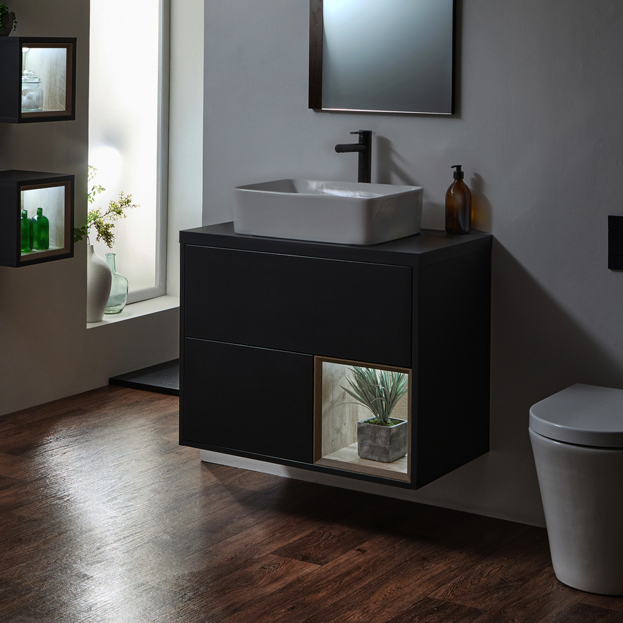 Moderner Wandmontierter Waschtischunterschrank mit Aufsatzwaschbecken von Hudson Reed in Dunkler Eichenoptik, B/T/H: 80,0 x 46,0 x 63,6 cm - Bild 1