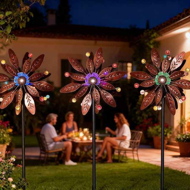 Solar-Windmühle mit Regenbogen-LED-Leuchten und Farbverlauf, windbetriebene dekorative Windkraftanlage aus Metall für den Außenbereich, Mehrfarbig - Bild 1
